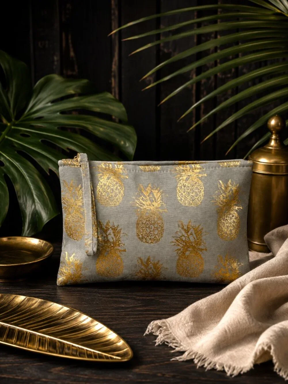 Gray Metallic Gold Pineapples Wristlet Clutch Pouch Travel Case Bag Tropical NWT